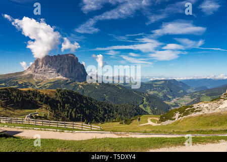 Ottima vista sul Sassolungo - Gruppo del Sasso Lungo, valle Gardena. Parco Nazionale Dolomiti Alto Adige Südtirol. Località di Ortisei, Santa Cristina e Selva di Val Gardena Foto Stock