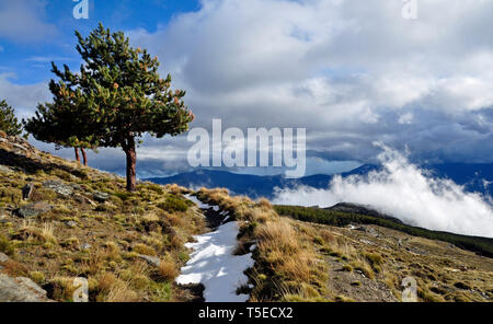 Le nuvole e il paesaggio al di sopra della Gola di Poqueira in Alpujarra Regione del Parco Nazionale della Sierra Nevada in Andalusia, Spagna. Foto Stock