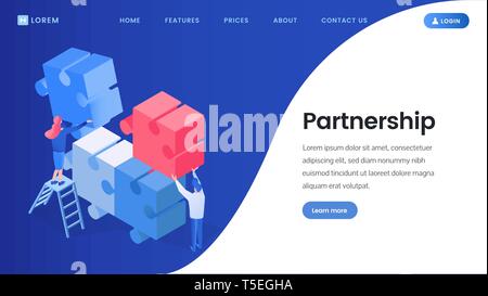 Accordo di partenariato, il lavoro di squadra vettore isometrica landing page. I programmatori brainstorming, coworking, gli sviluppatori di soluzioni di ricerca web 3D modello di pagina di intestazione. Processo creativo, puzzle illustrazione di assemblaggio Illustrazione Vettoriale