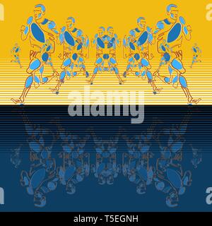 Vettore modello lineare delle figure stilizzate di atleti con l uso di passo e zoom, riflessione. Creato effetto prospettico. Può essere usato come un banner, Illustrazione Vettoriale