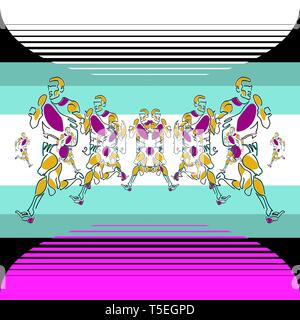 Vettore modello lineare delle figure stilizzate di atleti con l uso di passo e zoom, riflessione. Creato effetto prospettico. Può essere usato come un banner, Illustrazione Vettoriale