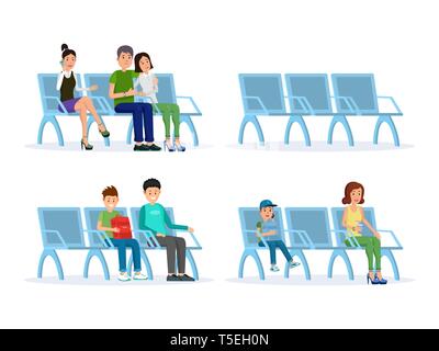 I passeggeri in partenza lounge illustrazioni set. I personaggi dei cartoni animati seduti al terminal aeroportuale, sala attesa sedi isolati cliparts pack. I turisti con borse, sedie vuote vettore di elementi di design Illustrazione Vettoriale