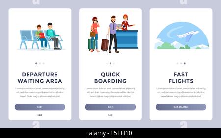 Le compagnie aeree di onboarding mobile app schermate serie. Viaggiando, agenzia turistica landing page template vettoriale pack. Partenza area di attesa, Quick Boarding, voli veloci pubblicità banner web disposizione piatta Illustrazione Vettoriale