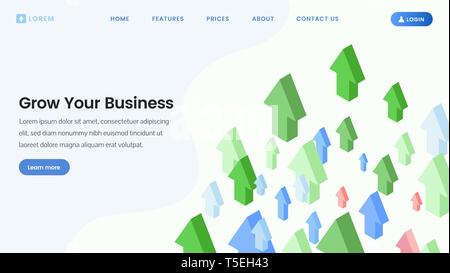 Sviluppo di business service pagina di atterraggio. Alfabetizzazione finanziaria, la crescita di profitto, aumento delle vendite sito web corsi mockup con isometrics frecce rivolte verso l'alto. Lancio di avvio della crescita personale layout delle pagine web Illustrazione Vettoriale