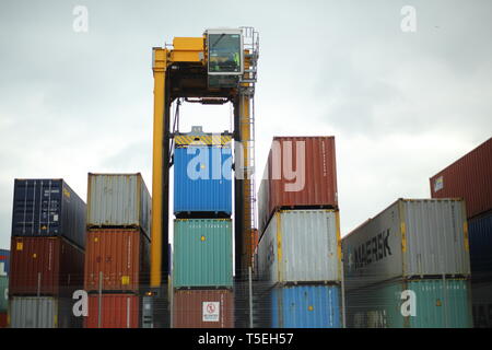 Belfast, County Antrim, Irlanda del Nord, 29 marzo, 2019 - colorata i contenitori di spedizione sono visti impilati nel porto di Belfast, Irealnd settentrionale. Straddle Carrier sono più comunemente impiegato per impilamento e movimentazione di contenitori piuttosto che direttamente carico su camion. Paolo McErlane Foto Stock