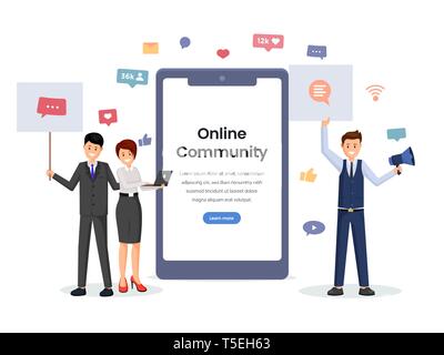 Comunità online mobile app concetto. Social network application gli utenti con cartelli la comunicazione on line, tecnologia digitale illustrazione piana. Social media software sulla schermata dello smartphone mockup Illustrazione Vettoriale