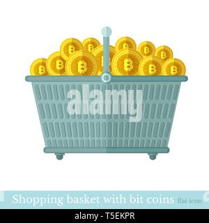Vettore Shopping basket con oro monete di bit. Piatto icona business acquista online su bianco Illustrazione Vettoriale