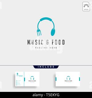 Musica cibo semplice piatto logo design illustrazione vettoriale elemento icona, logo con business card Illustrazione Vettoriale