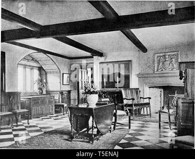 Incisione del King's Hall di Hoghton Tower, Hoghton, Lancashire, Inghilterra, dal libro "American case e giardini' da Munn e Company, 1905. La cortesia Internet Archive. () Foto Stock