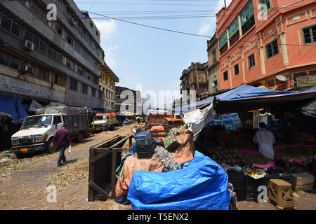 Fornitore di frutta invadeva Balmukund Macker Road, Calcutta, India Foto Stock