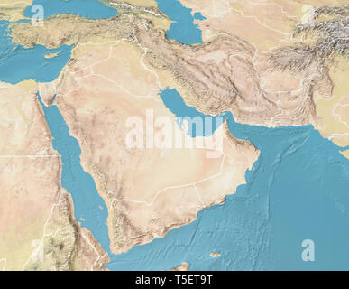 Vista satellitare della penisola arabica. Mappa. Arabia Saudita, Yemen, Oman, Emirati Arabi Uniti, Siria, Iran, Iraq, Qatar, Kuwait, Turchia Foto Stock