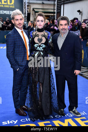 Zac Efron, Lily Collins e Joe Berlinger frequentando il estremamente malvagi, incredibilmente male e vile Premiere Europeo tenutosi presso il Curzon Mayfair, Londra. Foto Stock