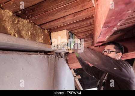 Isolamento del tetto, lavoratore il riempimento di falde del tetto in legno con isolamento in fibra Foto Stock