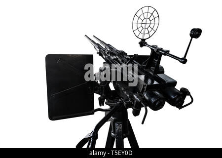 Spedire la pistola su una antica nave a vapore. Isolato su sfondo bianco. Isolato su bianco. la difesa aerea. Nave mitragliatrice agli attacchi aerei. Foto Stock