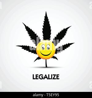 Carino divertente sorridente faccia felice con la marijuana weed leaf e di legalizzare il testo illustrazione vettoriale EPS10 Illustrazione Vettoriale