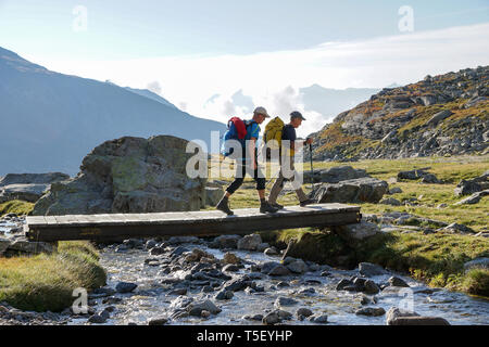 Aussois (sud-est della Francia): due escursionisti attraversa una passerella di legno su un flusso nella direzione dell'Aussois Pass, in Vanoise National Pa Foto Stock