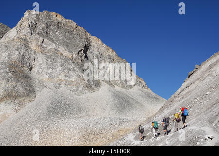 Pralognan La Vanoise (sud-est della Francia): gruppo di cinque escursionisti a piedi verso il "Col du Souffre" passano nel Parco Nazionale della Vanoise. Gruppo di FIV Foto Stock