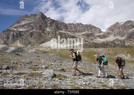 Termignon (sud-est della Francia): gruppo di escursionisti a piedi fino il sentiero per la Vanoise Pass, nel Parco Nazionale della Vanoise. Gruppo con zaini Foto Stock