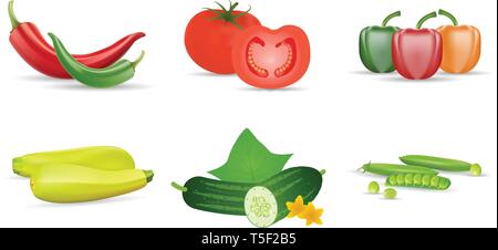 Verdure realistiche. Pomodoro, verde cetrioli, peperoni, zukini e il segnale di PEA POD. Isolato 3d vector icon set, eps 10 Illustrazione Vettoriale