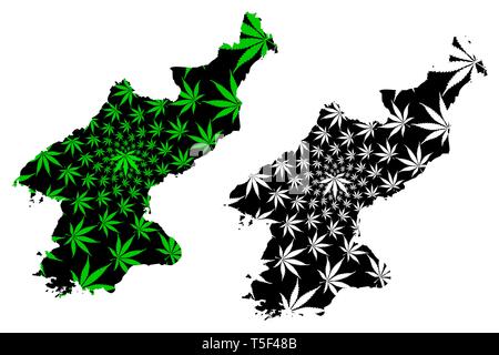 Corea del Nord - mappa è progettato Cannabis leaf verde e nero, Repubblica Popolare Democratica di Corea (RPDC, DPR) mappa fatta di marijuana (marihuana,THC) fo Illustrazione Vettoriale