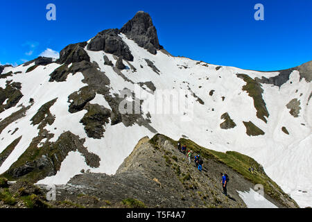 Gli alpinisti crescente per la capanna Rambert, picco Petit Muveran dietro, Ovronnaz, Vallese, Svizzera Foto Stock