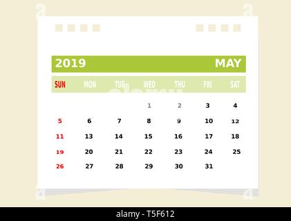 Mese di Calendario Maggio 2019 Vettore. Illustrazione Vettoriale