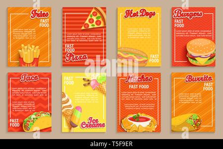 Grande set di fast food volantini,banner.Raccolta di patatine fritte, pizza, hot dog, hamburger e nachos,burrito taco e gelato pagine di menu per cafeteris,res Illustrazione Vettoriale