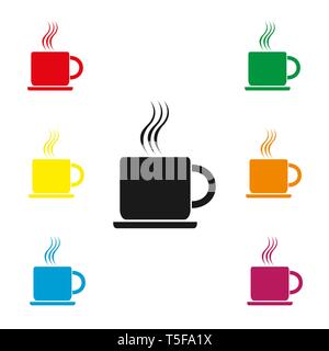 Tazza di caffè caldo su un piattino, set di icone colorate, design piatto Illustrazione Vettoriale