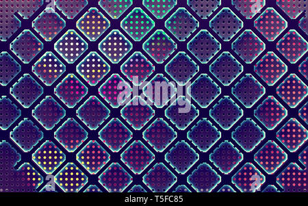 Pattern e fori nel materiale moderno.industriale e tecnologico.maglia e la superficie della griglia in spazio scuro.3d illustrazione Foto Stock