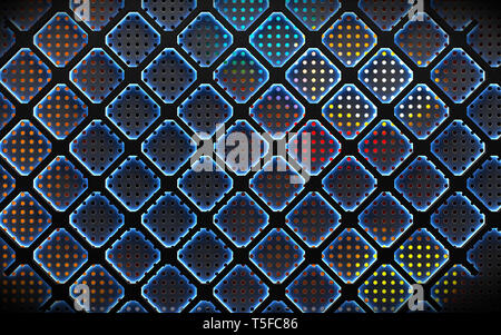 Pattern e fori nel materiale moderno.industriale e tecnologico.maglia e la superficie della griglia in spazio scuro.3d illustrazione Foto Stock