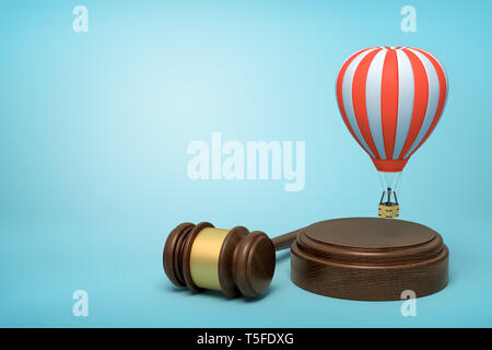 3D rendering di piccole strisce in mongolfiera in aria sopra marrone blocco audio con martello accanto sulla luce-sfondo blu con copia spazio. Foto Stock