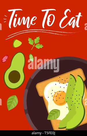 Il cibo della colazione su sfondo luminoso appartamento in stile design. Doodle elementi. Appartamento il cibo - uovo fritto, avocado, vegetali. Il tempo di mangiare. Illustrazione Vettoriale Illustrazione Vettoriale