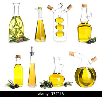Diverse bottiglie con olio di oliva su sfondo bianco Foto Stock