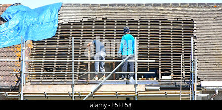 Builder lavoratori sui ponteggi rimozione tegole del tetto & legname in preparazione per il nuovo abbaino mansarda camera in mansarda di casa a schiera Romford East London REGNO UNITO Foto Stock