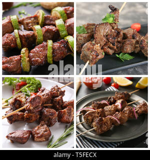 Set di gustosi piatti a base di carne Kebab cotti sul barbecue grill Foto Stock