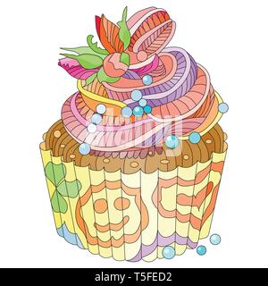 Vector pezzo di torta con ornamenti astratti. Disegnata a mano illustrazione per t-shirt in zentangle, doodle stile. Illustrazione Vettoriale