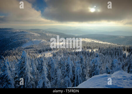 In Germania, in Baviera, Foresta Bavarese in inverno, grande Arber, vista al di sopra del paesaggio invernale Foto Stock