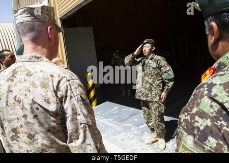 Camp Shorabak, Helmand, Afghanistan. 27 Maggio, 2013. Un esercito nazionale afghano soldato saluta U.S. Marine Corps gen. Joe Dunford, comandante di noi Forces-Afghanistan, durante una visita al campo Shorabak, provincia di Helmand, Afghanistan, 27 maggio 2012. Credito: Bill Putnam/ZUMA filo/Alamy Live News Foto Stock