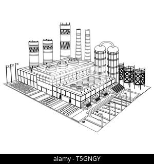 Schizzo costruzione della fabbrica o impianto con fumaioli serbatoio di cantieri ed edifici su bianco Illustrazione Vettoriale