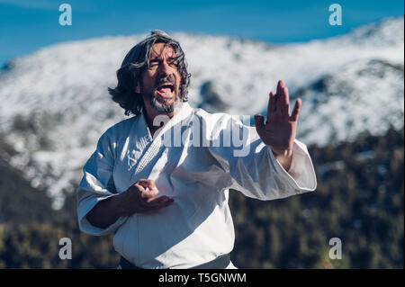Senior uomo a praticare il karate all'aperto Foto Stock