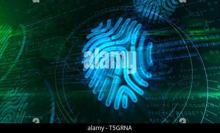 La protezione digitale da autorizzazione di impronte digitali sulla cyber sfondo. Identificazione personale e la tecnologia digital security con la mano la verifica del dito Foto Stock