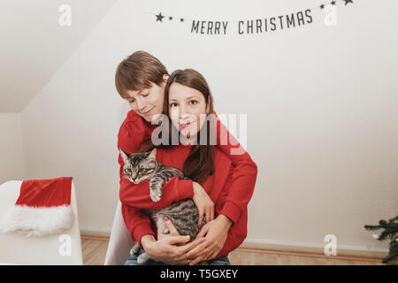 Coppia omosessuale con tomcat per celebrare il Natale a casa Foto Stock