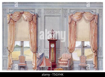 Sala di attesa lo stile Luigi XV, decorazione delle finestre. Illustrazione Vintage dagli interni in stile 1905 Foto Stock