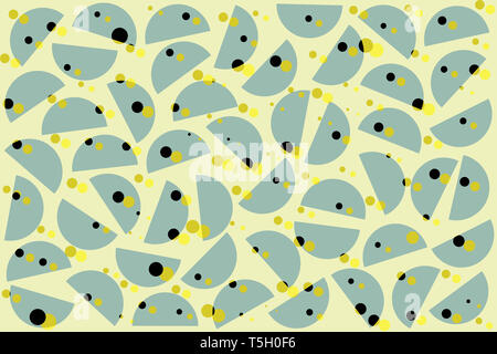 Kaki nero punti casuali e semicirconferenze blu su sfondo beige. Abstract forme geometriche pattern in stile retrò, arredi tessili Foto Stock