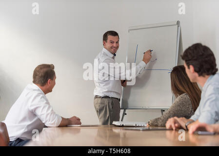 Imprenditore sorridente portando una presentazione alla lavagna a fogli mobili in ufficio Foto Stock