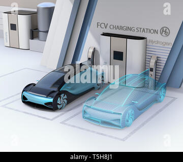 Rendering wireframe di alimentato da una cella a combustibile auto autonoma in cella a combustibile idrogeno stazione. Digital Twin concetto. Il rendering 3D'immagine. Foto Stock