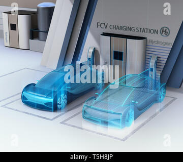 Rendering wireframe di alimentato da una cella a combustibile auto autonoma in cella a combustibile idrogeno stazione. Digital Twin concetto. Il rendering 3D'immagine. Foto Stock