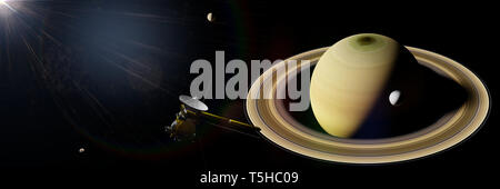 Di Saturno luna Enceladus e spaziale Cassini-Huygens nella parte anteriore del pianeta Saturno Foto Stock
