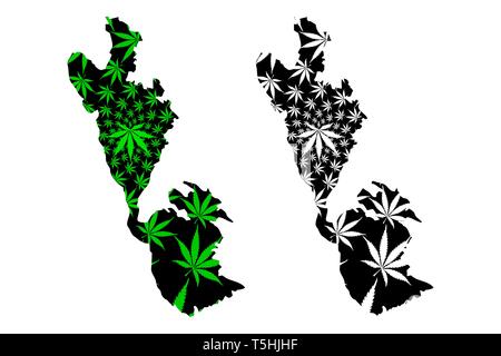 Ithaca - mappa è progettato Cannabis leaf verde e nero, Itaca o Itaca mappa dell'isola fatta di marijuana (marihuana,THC) Fogliame, Illustrazione Vettoriale
