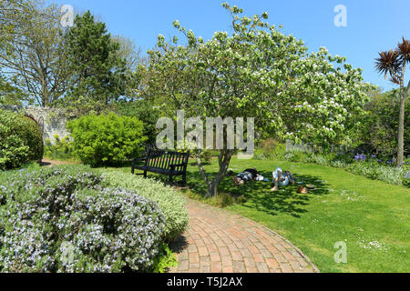 Due persone sull'erba rilassante sotto un albero nel giardino di Kipling, Rottingdean, Brighton, Regno Unito Foto Stock